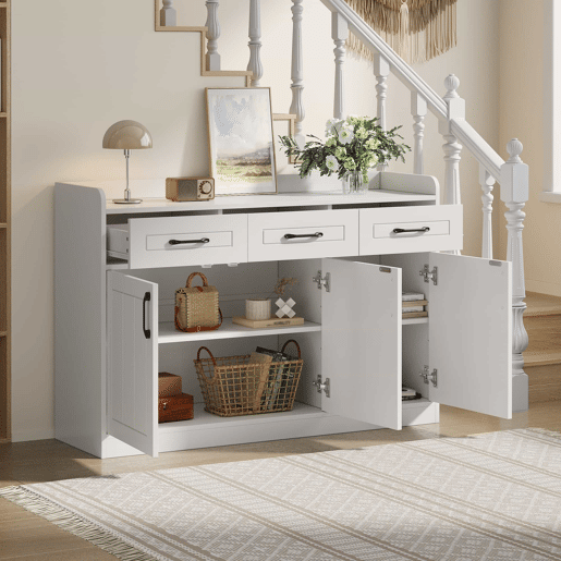 Aparador 120 x 35 x 80 cm - móvel de sala com 3 gavetas e 3 portas, prateleiras ajustáveis, puxadores, design às riscas, capacidade de 60 kg, aparador de entrada - branco