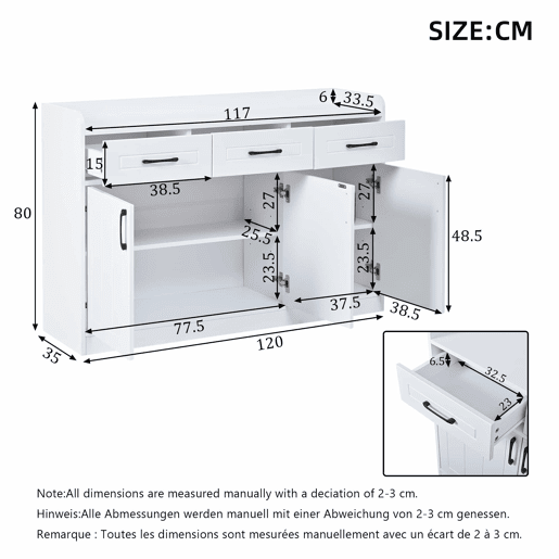 Aparador 120 x 35 x 80 cm - móvel de sala com 3 gavetas e 3 portas, prateleiras ajustáveis, puxadores, design às riscas, capacidade de 60 kg, aparador de entrada - branco