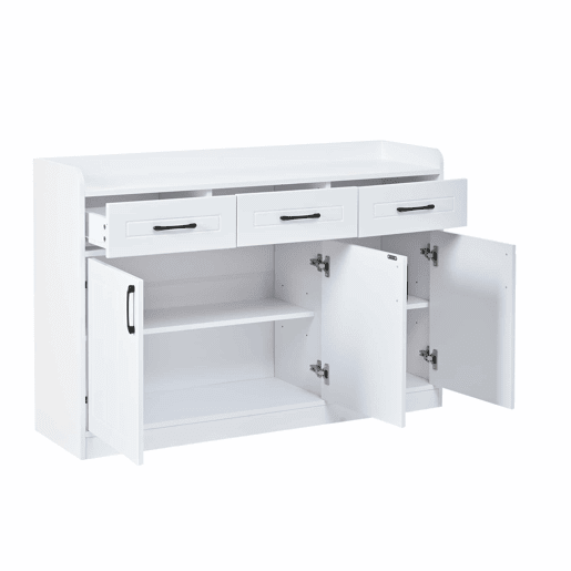 Aparador 120 x 35 x 80 cm - móvel de sala com 3 gavetas e 3 portas, prateleiras ajustáveis, puxadores, design às riscas, capacidade de 60 kg, aparador de entrada - branco