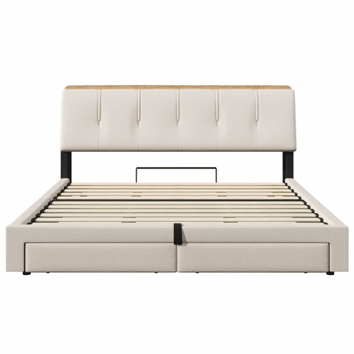 Cama estofada 180x200 cm - Armazenamento hidráulico, USB Tipo-C, LED, Multifuncional, Lona - Bege
