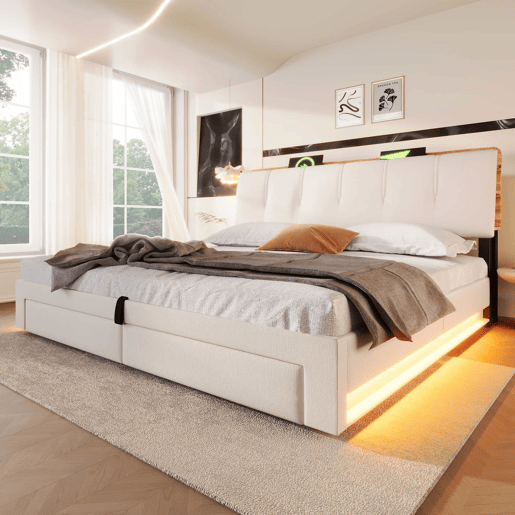 Cama estofada 180x200 cm - Armazenamento hidráulico, USB Tipo-C, LED, Multifuncional, Lona - Bege
