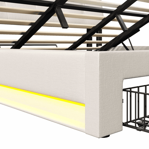 Cama estofada 180x200 cm - Armazenamento hidráulico, USB Tipo-C, LED, Multifuncional, Lona - Bege