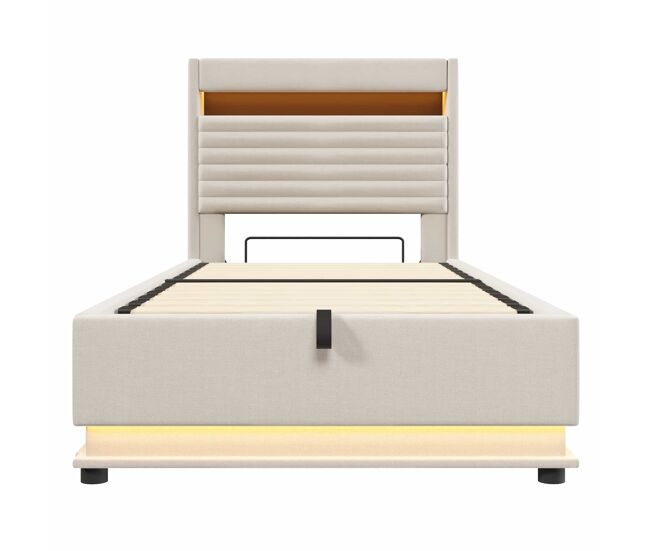 Cama tapizada 90x200 cm - con puerto usb tipo-c, iluminación led, almacenamiento hidráulico, compartimento flip-top, control por botón/app, sin