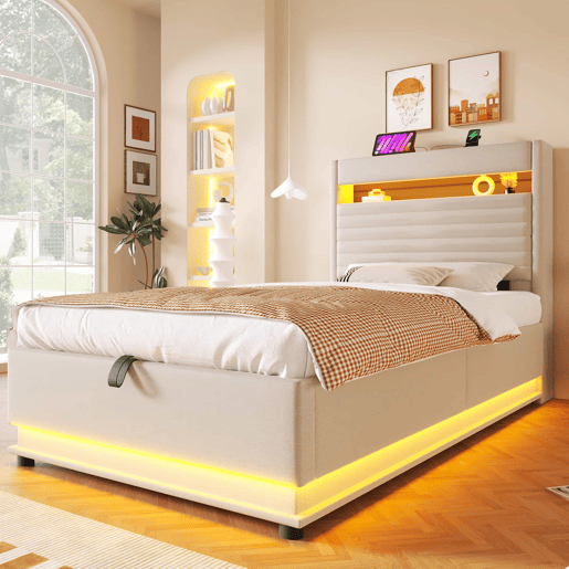 Cama estofada 90x200 cm - Com porta USB Tipo-C, iluminação LED, armazenamento hidráulico, compartimento Flip-Top, controlo por botãoApp, sem colchão - Bege
