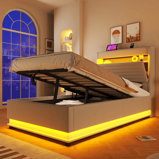 Cama estofada 90x200 cm - Com porta USB Tipo-C, iluminação LED, armazenamento hidráulico, compartimento Flip-Top, controlo por botãoApp, sem colchão - Bege