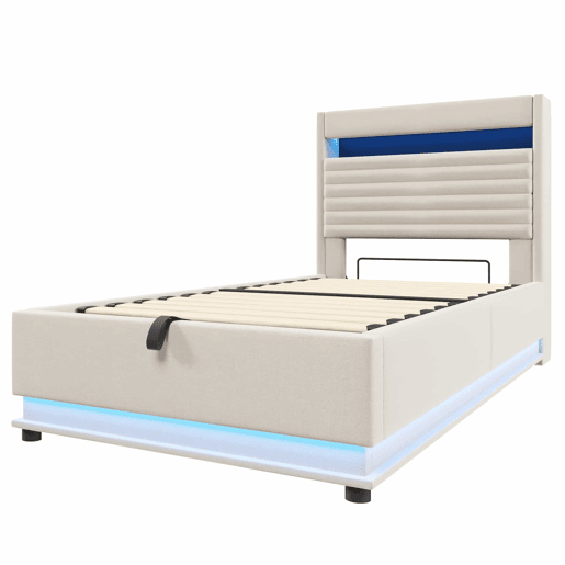 Cama estofada 90x200 cm - Com porta USB Tipo-C, iluminação LED, armazenamento hidráulico, compartimento Flip-Top, controlo por botãoApp, sem colchão - Bege