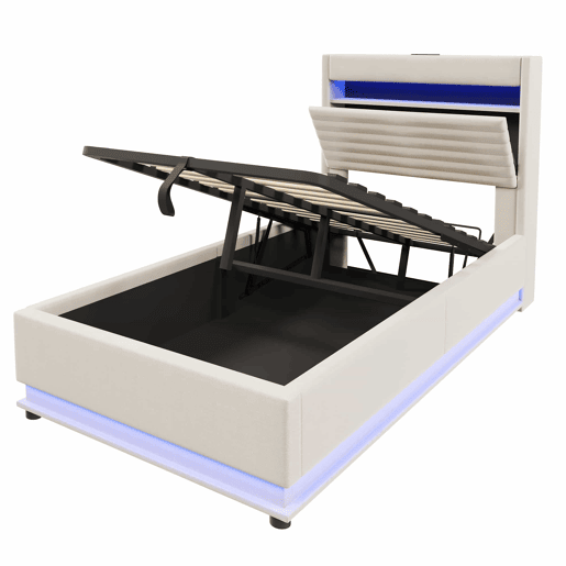 Cama estofada 90x200 cm - Com porta USB Tipo-C, iluminação LED, armazenamento hidráulico, compartimento Flip-Top, controlo por botãoApp, sem colchão - Bege