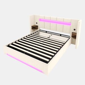 Cama multifuncional 160x200 cm - Cabeceira larga, 2 portas USB, armário embutido, luz LED, sistema hidráulico e amplo espaço de arrumação debaixo da cama com tecido não tecido - Bege