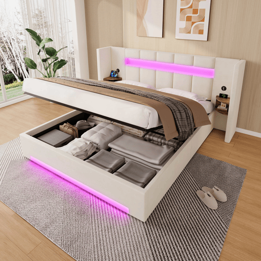 Cama multifuncional 160x200 cm - Cabeceira larga, 2 portas USB, armário embutido, luz LED, sistema hidráulico e amplo espaço de arrumação debaixo da cama com tecido não tecido - Bege