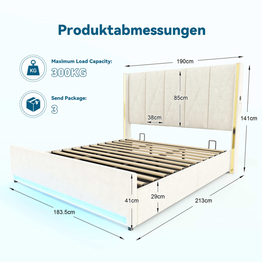 Cama em veludo 180x200 cm - Cabeceira alta e almofadada, com bolsos laterais, USB e LED, sistema hidráulico e amplo espaço de arrumação por baixo da cama - Bege