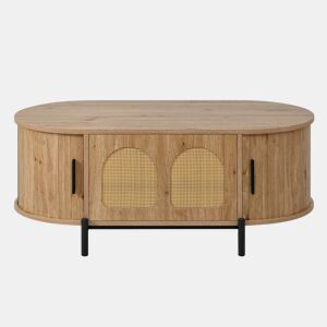 Mesa de centro oval - com espaço de arrumação, portas de correr, acabamento em imitação de madeira, pés de metal, estilo rattan, multifuncional - Natural