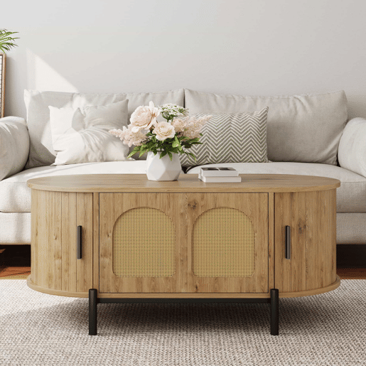 Mesa de centro oval - com espaço de arrumação, portas de correr, acabamento em imitação de madeira, pés de metal, estilo rattan, multifuncional - Natural