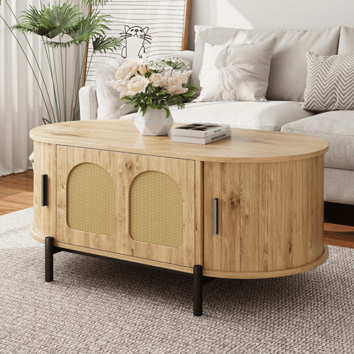 Mesa de centro oval - com espaço de arrumação, portas de correr, acabamento em imitação de madeira, pés de metal, estilo rattan, multifuncional - Natural