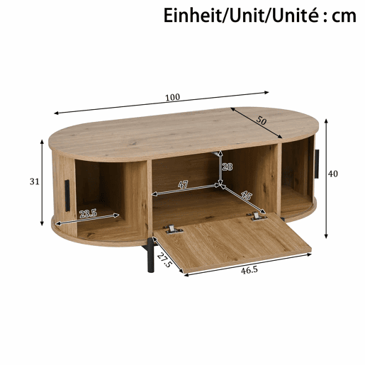 Mesa de centro oval - com espaço de arrumação, portas de correr, acabamento em imitação de madeira, pés de metal, estilo rattan, multifuncional - Natural
