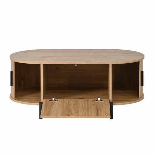 Mesa de centro oval - com espaço de arrumação, portas de correr, acabamento em imitação de madeira, pés de metal, estilo rattan, multifuncional - Natural