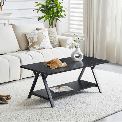 Mesa de centro 110 x 57 x 44,5 cm - estilo industrial com prateleira de arrumação, acabamento em madeira preta e estrutura metálica - preta