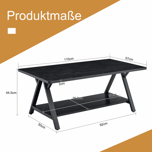 Mesa de centro 110 x 57 x 44,5 cm - estilo industrial com prateleira de arrumação, acabamento em madeira preta e estrutura metálica - preta