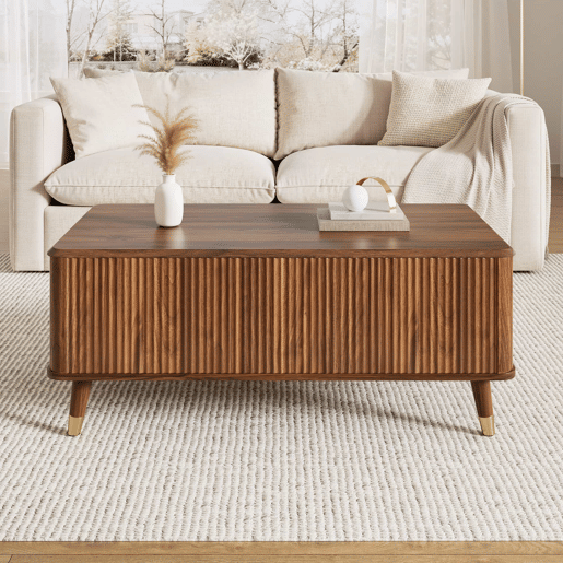 Mesa de centro elevável - estilo retro moderno, tampo elevável, estrutura ondulada, grande capacidade de arrumação, pés em madeira, multifuncional - Nogueira Mesa de centro elevável - estilo retro moderno, tampo elevável, estrutura ondulada, grande capacidade de arrumação, pés em madeira, multifuncional - Nogueira