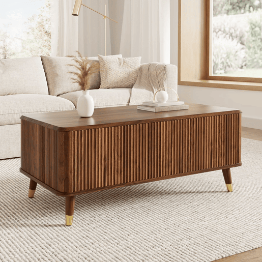 Mesa de centro elevável - estilo retro moderno, tampo elevável, estrutura ondulada, grande capacidade de arrumação, pés em madeira, multifuncional - Nogueira Mesa de centro elevável - estilo retro moderno, tampo elevável, estrutura ondulada, grande capacidade de arrumação, pés em madeira, multifuncional - Nogueira