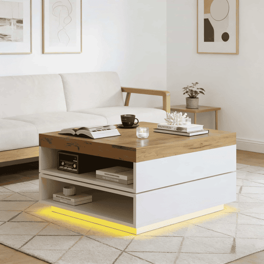 Mesa de centro 65 x 65 x 40 cm u2013 giratória a 360°, com LED e espaço de arrumação, mesa auxiliar para sala de estar u2013 branco + carvalho