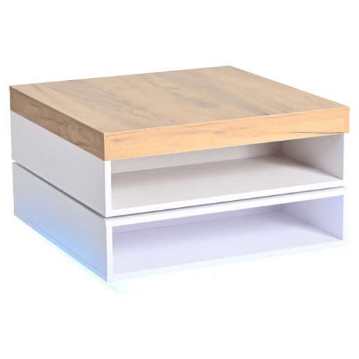 Mesa de centro 65 x 65 x 40 cm u2013 giratória a 360°, com LED e espaço de arrumação, mesa auxiliar para sala de estar u2013 branco + carvalho