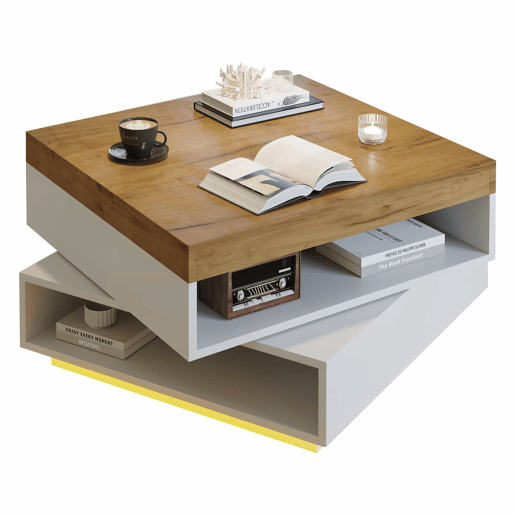 Mesa de centro 65 x 65 x 40 cm u2013 giratória a 360°, com LED e espaço de arrumação, mesa auxiliar para sala de estar u2013 branco + carvalho