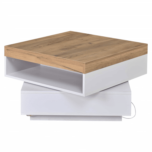Mesa de centro 65 x 65 x 40 cm u2013 giratória a 360°, com LED e espaço de arrumação, mesa auxiliar para sala de estar u2013 branco + carvalho
