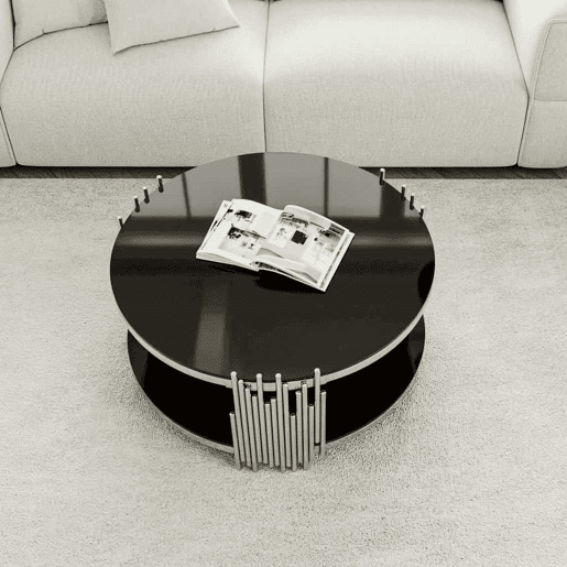 Mesa de café moderna de 80 cm - Mesa de vidro com tampo duplo, base em aço prateado, mesa redonda para sala de estarescritório - Preto e prateado
