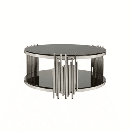 Mesa de café moderna de 80 cm - Mesa de vidro com tampo duplo, base em aço prateado, mesa redonda para sala de estarescritório - Preto e prateado