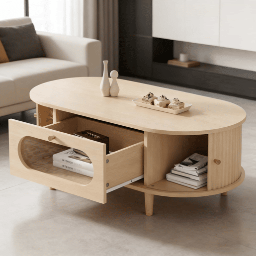 Mesa de centro 100x50x36 cm - com gaveta e porta deslizante, mesa de café para sala com 4 pés de apoio - cor carvalho