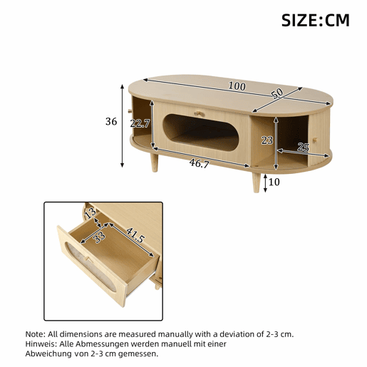 Mesa de centro 100x50x36 cm - com gaveta e porta deslizante, mesa de café para sala com 4 pés de apoio - cor carvalho