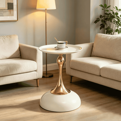 Mesa auxiliar moderna de 38 cm - Mesa redonda com base metálica, mesa de apoio para o quarto, mesa de chá para o varanda - Branco e Dourado Mesa auxiliar moderna de 38 cm - Mesa redonda com base metálica, mesa de apoio para o quarto, mesa de chá para o varanda - Branco e Dourado
