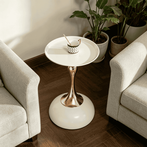 Mesa auxiliar moderna de 38 cm - Mesa redonda com base metálica, mesa de apoio para o quarto, mesa de chá para o varanda - Branco e Dourado Mesa auxiliar moderna de 38 cm - Mesa redonda com base metálica, mesa de apoio para o quarto, mesa de chá para o varanda - Branco e Dourado