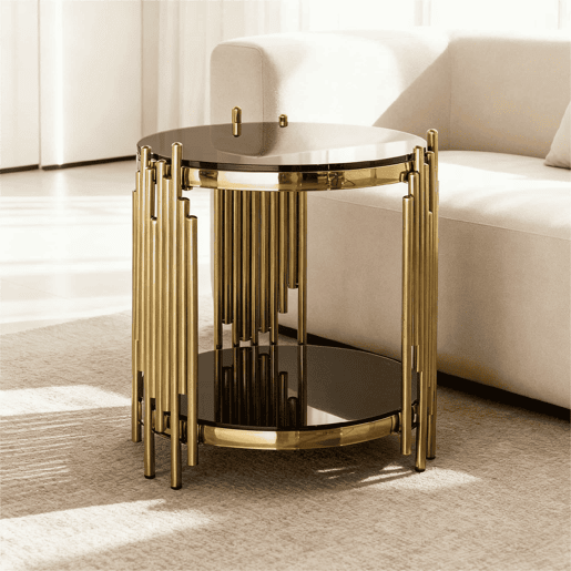 Mesa auxiliar redonda moderna de 38 cm - Mesa de chá de luxo com base em aço inoxidável e tampo em vidro - Preto e dourado