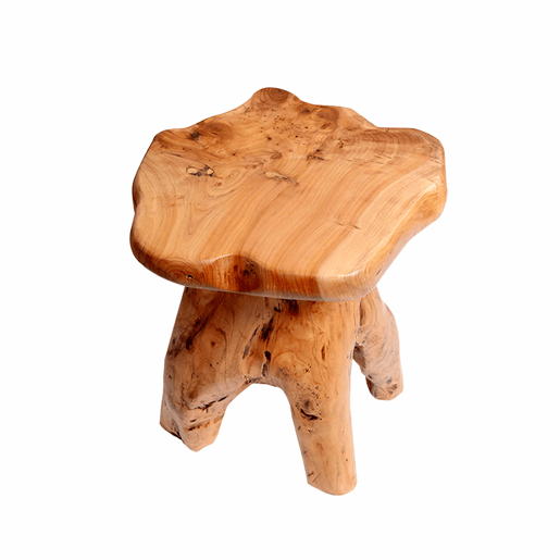 Mesa de centro de formato irregular - em madeira maciça de abeto, suporte para flores, banquinho - cor natural