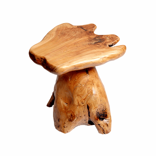 Mesa de centro de formato irregular - em madeira maciça de abeto, suporte para flores, banquinho - cor natural