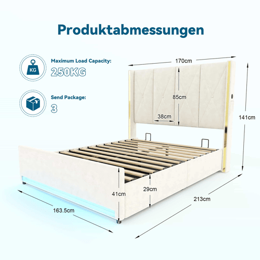 Cama em veludo 160x200 cm - Com cabeceira alta acolchoada, bolsos laterais, USB e LED, sistema hidráulico e amplo espaço de arrumação por baixo da cama - Bege