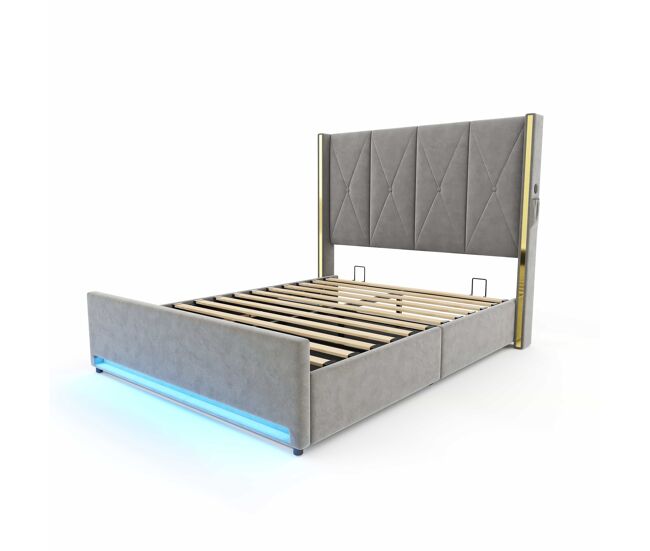 Cama de terciopelo 90x200cm - cabezal alto, acolchado y con costura, bolsillos laterales, usb & led, sistema hidráulico, gran espacio de
