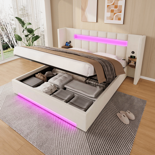 Cama multifuncional 180x200 cm - Cabeceira larga, 2 portas USB, armário embutido, luz LED, sistema hidráulico e amplo espaço de arrumação debaixo da cama com tecido não tecido - Bege