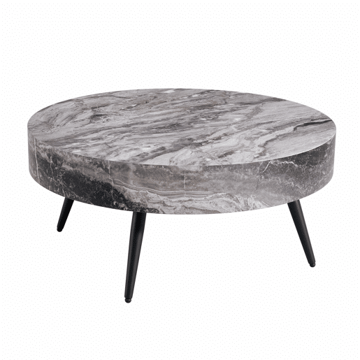 Mesa de café redonda 70 cm - design minimalista, tampo com efeito mármore cinza, pernas metálicas pretas - Cinza+Preto