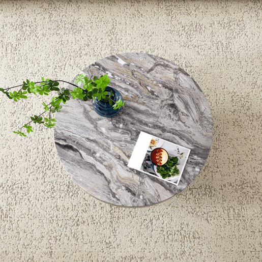 Mesa de café redonda 70 cm - design minimalista, tampo com efeito mármore cinza, pernas metálicas pretas - Cinza+Preto