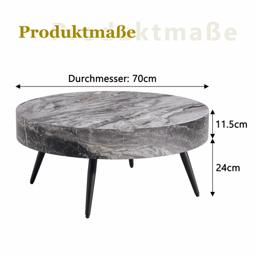 Mesa de café redonda 70 cm - design minimalista, tampo com efeito mármore cinza, pernas metálicas pretas - Cinza+Preto