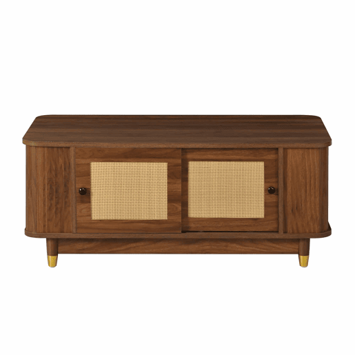 Mesa de centro - portas de correr em rattan, cantos arredondados, espaço de arrumação, MDF com efeito de madeira, design moderno - Nogueira