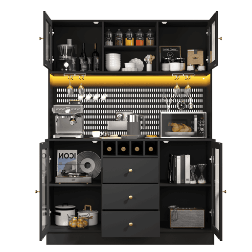 Armário alto de cozinha moderno - LED, prateleiras ajustáveis, vinoteca, segurança anticaída - Preto Armário alto de cozinha moderno - LED, prateleiras ajustáveis, vinoteca, segurança anticaída - Preto