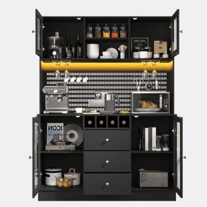 Armário alto de cozinha moderno - LED, prateleiras ajustáveis, vinoteca, segurança anticaída - Preto