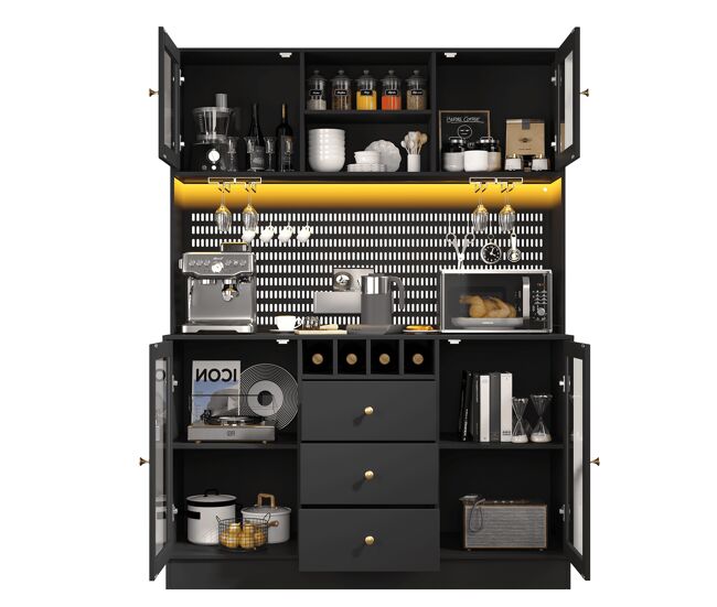 Hochschrank cocina moderno - led, estantes ajustables, vinoteca, seguridad anticaída - negro