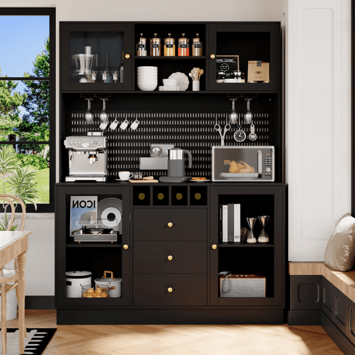Armário alto de cozinha moderno - LED, prateleiras ajustáveis, vinoteca, segurança anticaída - Preto Armário alto de cozinha moderno - LED, prateleiras ajustáveis, vinoteca, segurança anticaída - Preto