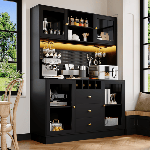 Armário alto de cozinha moderno - LED, prateleiras ajustáveis, vinoteca, segurança anticaída - Preto Armário alto de cozinha moderno - LED, prateleiras ajustáveis, vinoteca, segurança anticaída - Preto