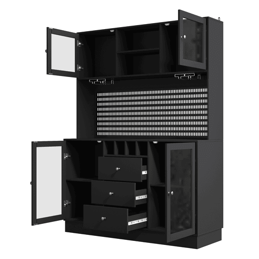 Armário alto de cozinha moderno - LED, prateleiras ajustáveis, vinoteca, segurança anticaída - Preto Armário alto de cozinha moderno - LED, prateleiras ajustáveis, vinoteca, segurança anticaída - Preto