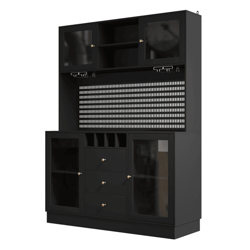 Armário alto de cozinha moderno - LED, prateleiras ajustáveis, vinoteca, segurança anticaída - Preto Armário alto de cozinha moderno - LED, prateleiras ajustáveis, vinoteca, segurança anticaída - Preto